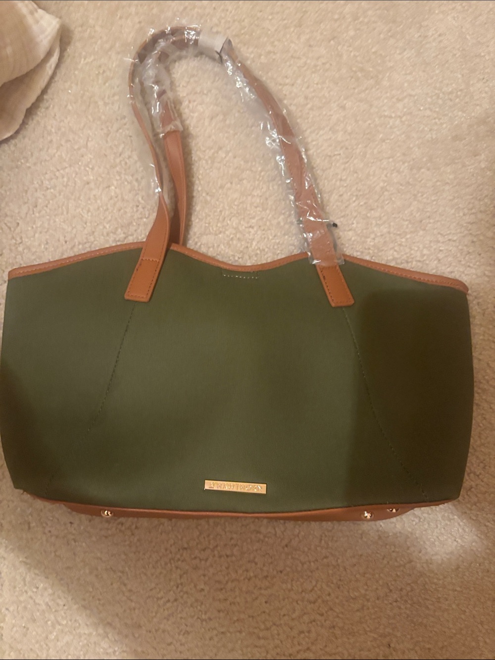 41 Hawthorne, NWT Olive Green Tote Bag with Tan Trim -